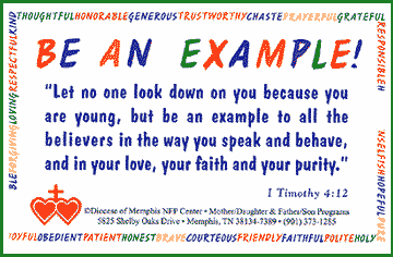 A colorful, encouraging card highlighting character strengths for youth, especially chastity.